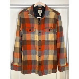 LL Bean Mens Fleece Lined Flannel Shirt Jacket Plaid Orange Blue Medium